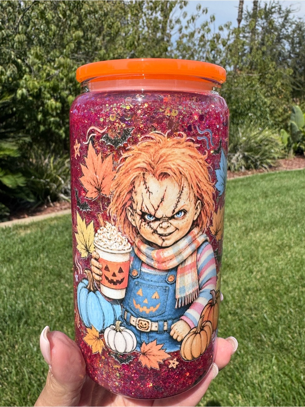 Chucky Fall Halloween snow globe tumbler 16oz